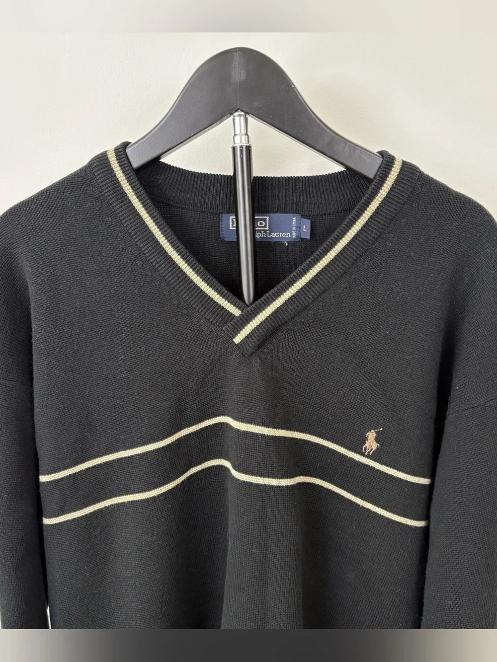 Vintage Polo by Ralph Lauren Black + Gold V-Neck Sweater with Contrast Stripes
